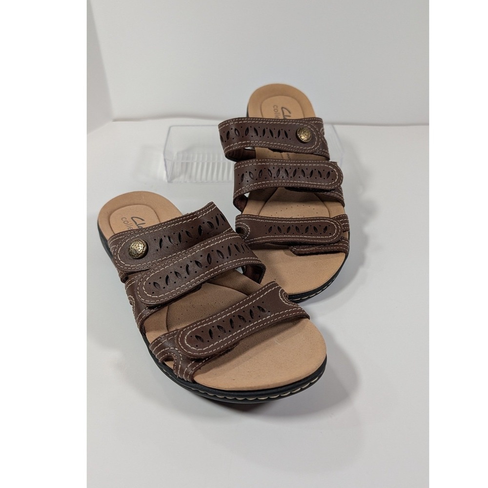 Clarks Collection Leisa Janna Brown Leather Slide Sandals Womens 7